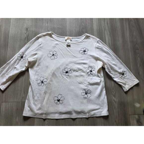 Talbots Womens Embroidered Black Floral White Top L Cotton - Picture 2 of 6